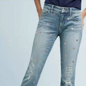 🩷 Anthropologie Pilcro and the Letterpress Distressed Metallic Polka Dot Jeans 🩷